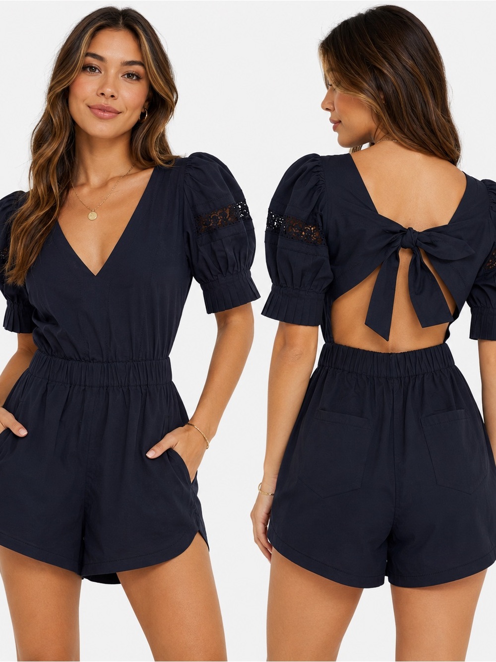Sea New York Black Puff-Sleeve Tie-Back Romper size 4 NWOT